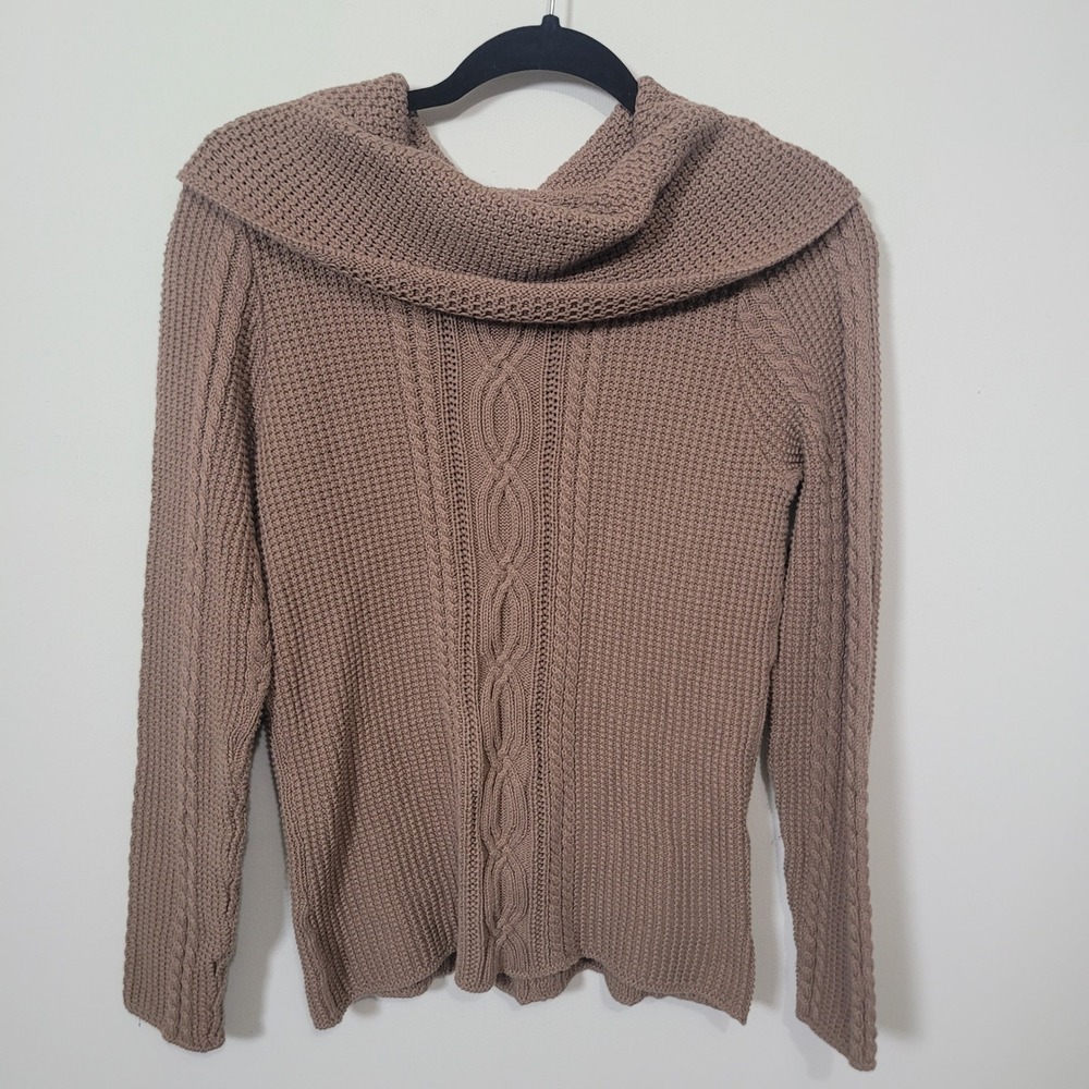 Jeanne Pierre Size M Sweater Womens Taupe Brown Cable Knit Cowl Neck Cotton